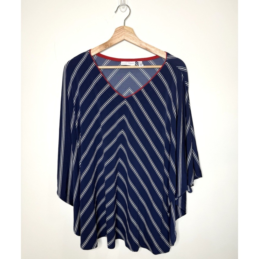 Susan Graver Poncho Top 1X Liquid Knit Navy Striped Made USA Slinky Nautical